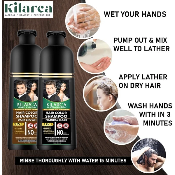Kilarca 5-in-1 Hair Color Shampoo 200ml – Dark Brown, Black & Light Brown | Ammonia-Free | Kilarca