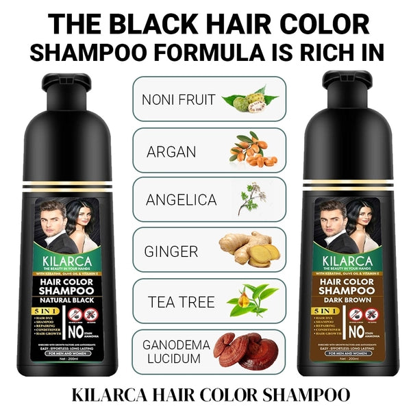 Kilarca 5-in-1 Hair Color Shampoo 200ml – Dark Brown, Black & Light Brown | Ammonia-Free | Kilarca